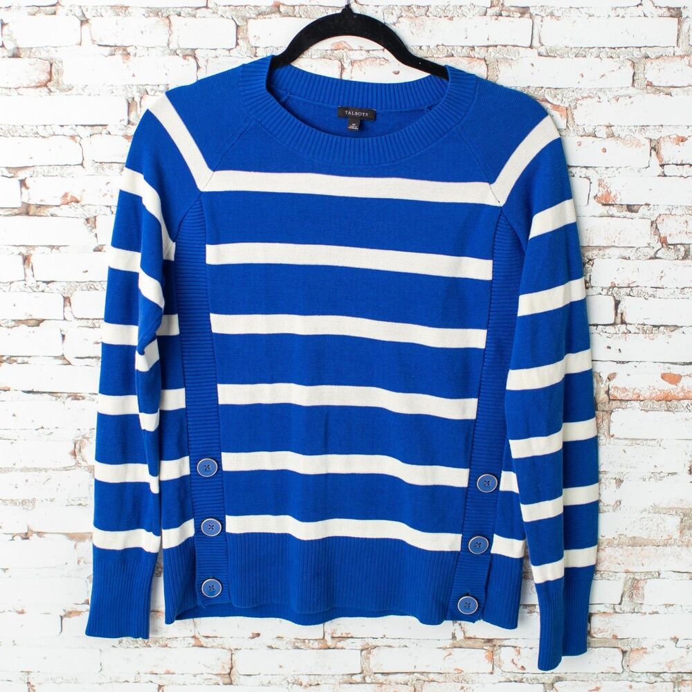 Talbots Womens XS Blue White Striped Cotton Rayon Button Detail Crewneck Sweater